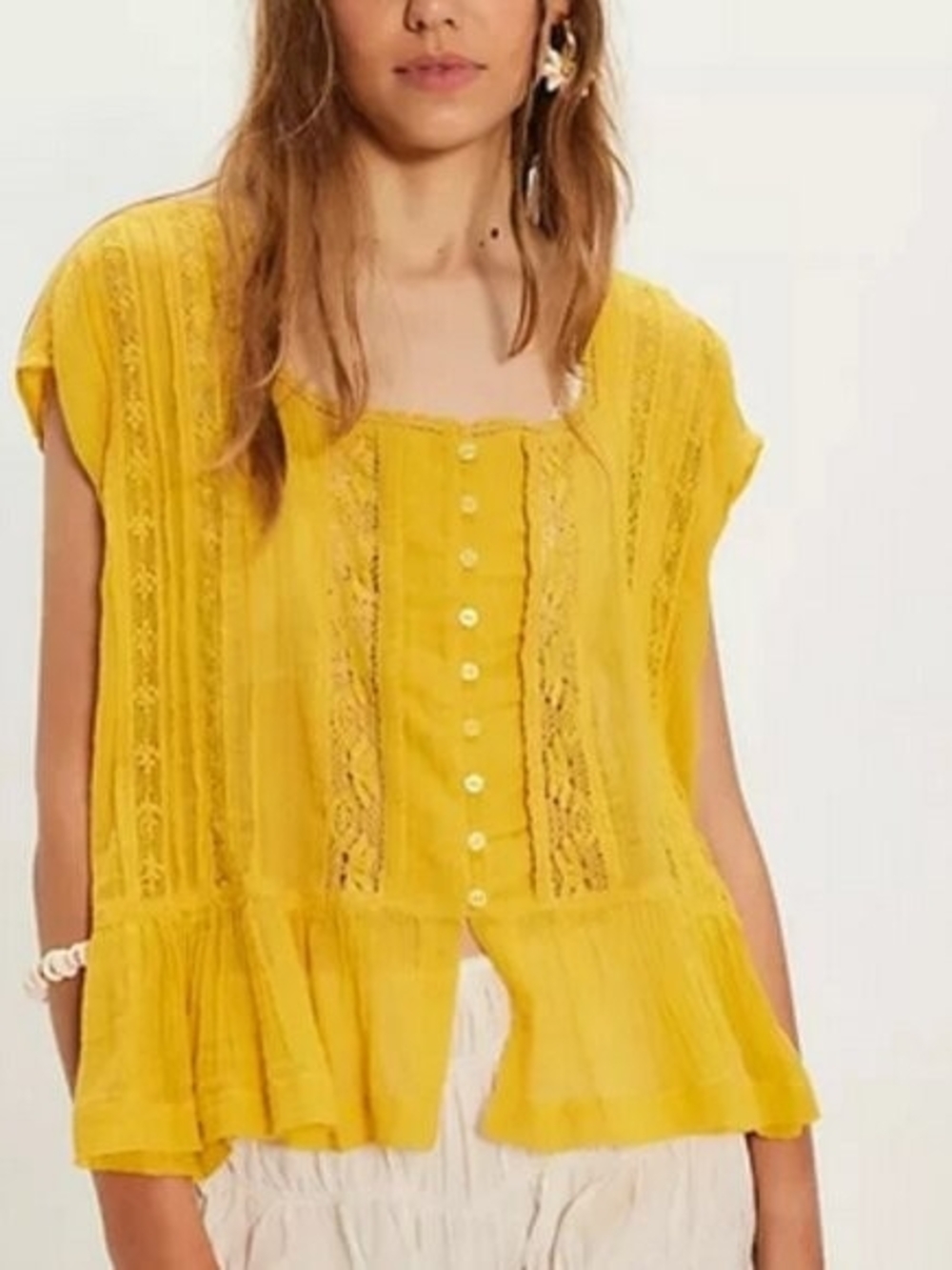NWT Free People Yellow Button-Front Lace Peplum Top